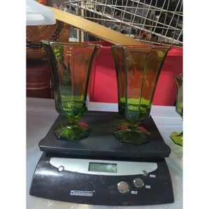 2 Vintage OCTAGONAL Independence GREEN FOOTED ICED TEA GLASS Goblets